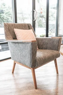 Gray Fabric Armchair with Wood Frame